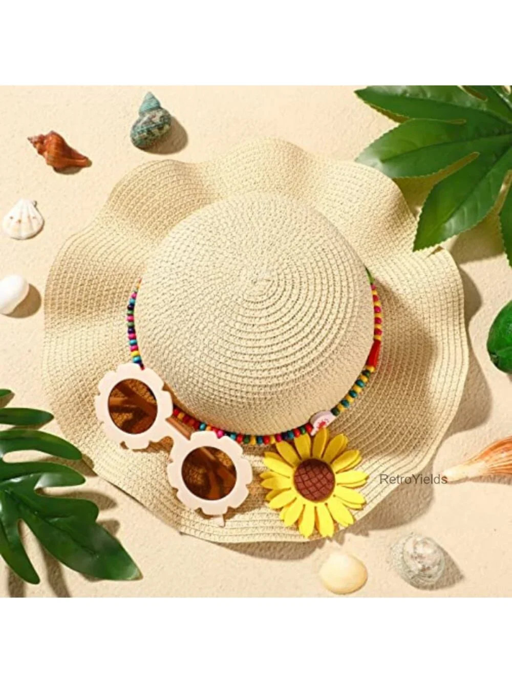 Girls Straw Sun Hat with Sunglasses, Kids Summer Beach Floppy Cap, Wavy Brim,